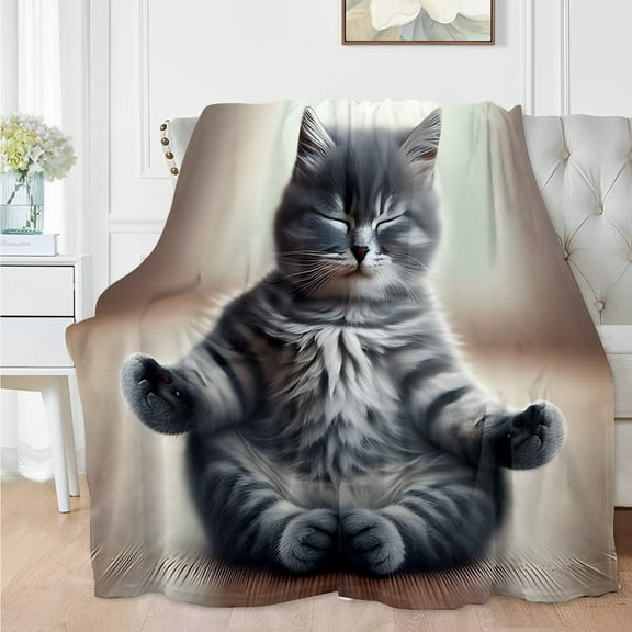 1pc Cute Cat Flannel Blanket - Print, Soft Polyester, All-season Home Comfort, Luxurious Line Texture, Ideal for Christmas And Halloween Gifts
