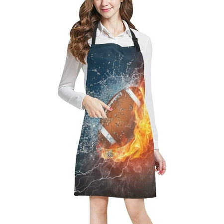 

ASHLEIGH Cool Sports Theme American Football Ball in Fire and Water Home Kitchen Apron for Women Men with Pockets Unisex Adjustable Bib Apron for Cooking Baking Gardening