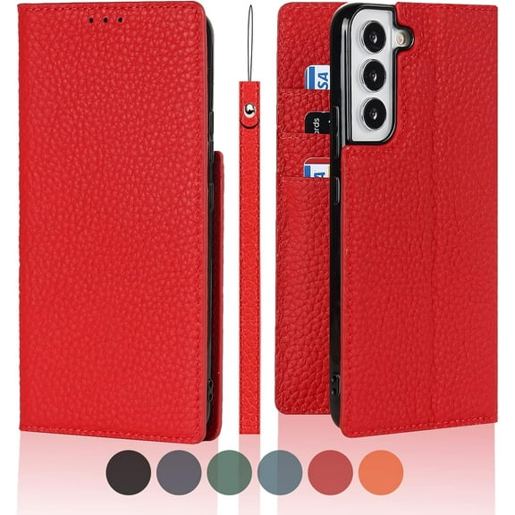 Wallet Case Compatible for Samsung Galaxy S22 with Card Holder,Luxury Leather{Hang Strap}{Viewing Stand}{RFID Block}Flip Folio Full Body Protective Case for S22 Cases Samsung S22 Case Cover Red