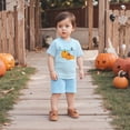 thumbnail image 6 of Likimi Toddler Kids Boys Two Piece Outfit Short Sleeve Halloween Pumpkin Print Crew Neck Tops With Shorts Summer Fashion Outfit Set Sky Blue Size 3-4 Years, 6 of 8