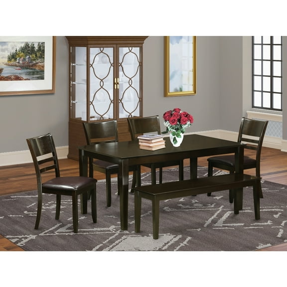 Dining Room Table Set 6 Piece Cappuccino Finish Modern Kitchen Table Chairs Bench 36x60 Inch