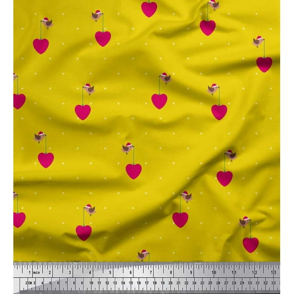Soimoi Cotton Poplin Fabric Dot,Heart & Bird Clip Art Print Sewing Fabric Yard 42 Inch Wide