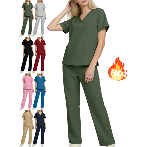 Mifsaly Scrub Sets for Women Wide Leg Pants Classic V Neck Medical Uniforms Stretchy Comfortable Nursing Uniforms Doctors Nurse Summer Workwear with Multi Pockets M