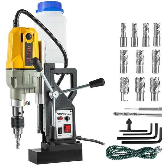 VEVOR Perceuse Magnétique, Diamètre Ennuyeux 1100w 1.57 Pouces, 2697lbf/12000n Perceuse Électrique Portable avec 12 Embouts de Perçage, Machine de Perçage à Vitesse Max 580 Tr/min pour Toute Surface et Amélioration de la Maison