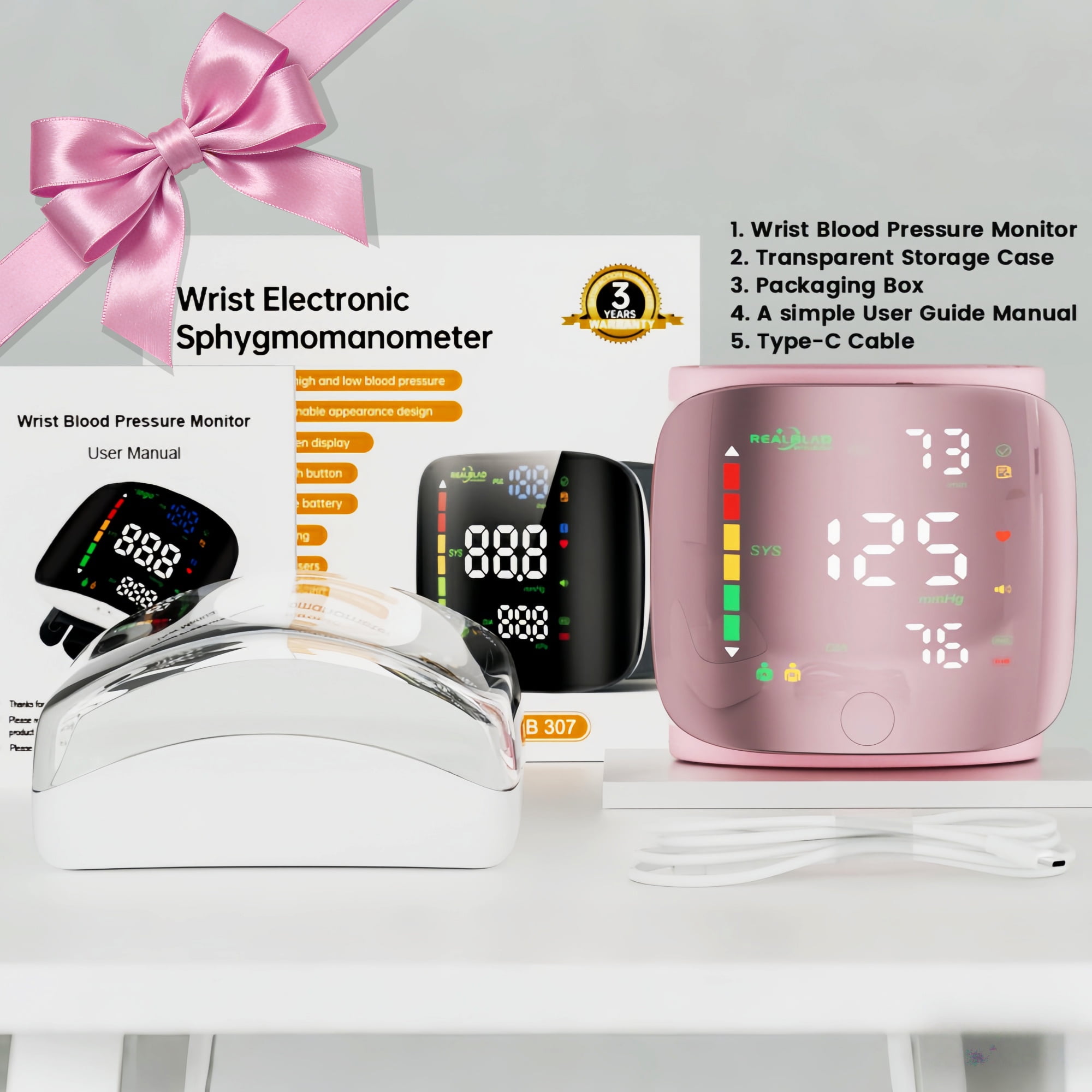 Ziqing Automatic Wrist-Worn Digital Blood Pressure Monitor - Rechargeable, Large LED Display, Home Use, 2 x 99 Memory Functions, Pink