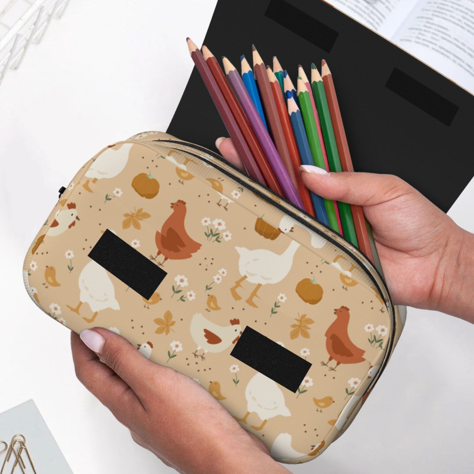 Rateoe Autumn and Thanksgiving Pattern Double Clamshell Pen Case, Storage Organizer with Two Zipper Compartments– Holds Up to 50 Pencils & Pens
