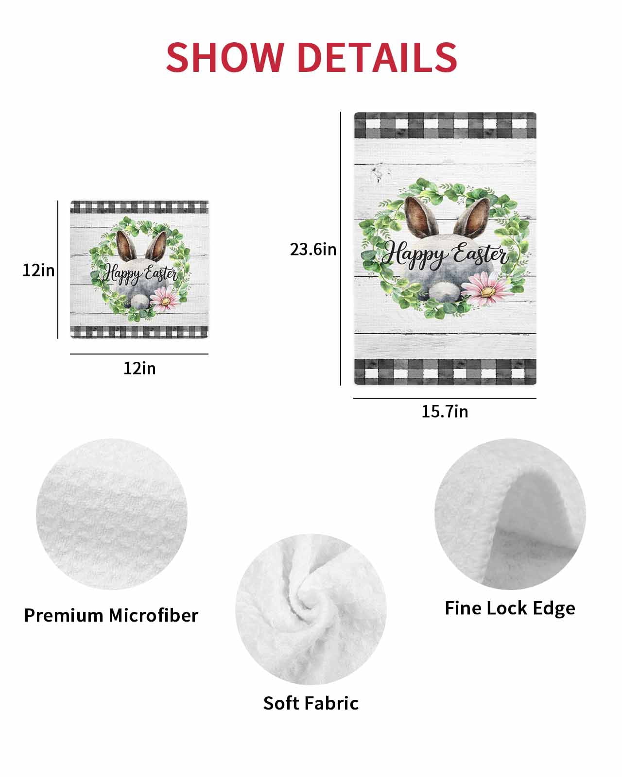 Easter Kitchen Dish Towels for Drying Dishes Set of 3, Spring Watercolor Bunny Flower Leaf Grey Wood Grain Waffle Weave Microfiber Hand Tea Bathroom Towels Quick Dry & Absorbent Towel 12x12