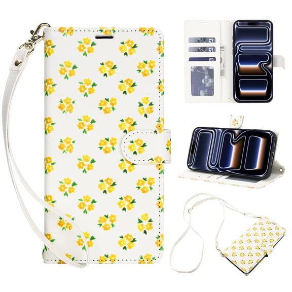 For Samsung Galaxy A16 5G Floral Crossbody Wallet Case, Premium PU Leather Flip Kickstand Folio Cover with 4 Card Slots Cash Pocket Shoulder Strap Wristlet Cute Flower for Travel,Yellow