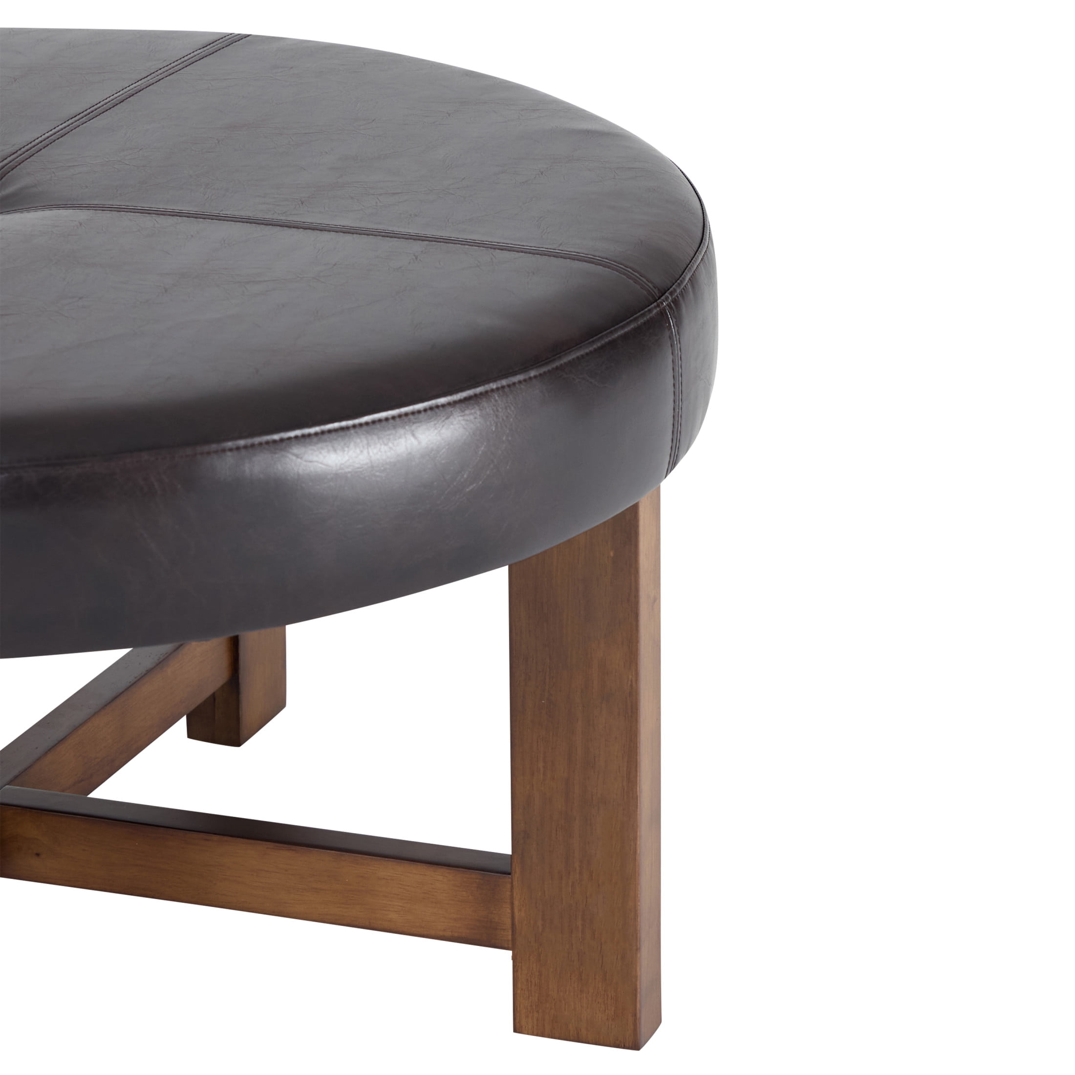 Christopher Knight Home 35" Round PU Leather Ottoman Coffee Table, Tufted Footrest with Wooden Base, Dark Brown