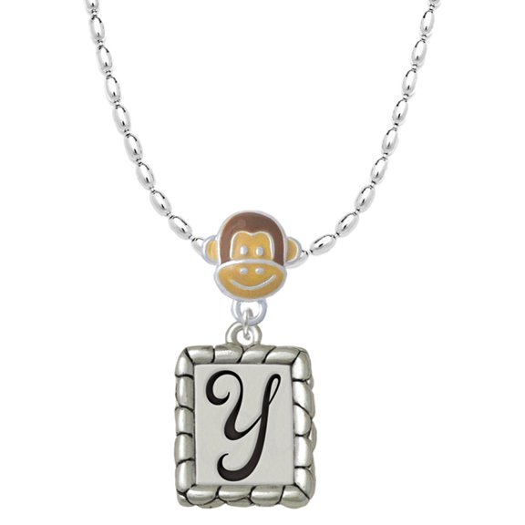 Delight Jewelry Silvertone Pebble Border Initial - Y Mia Monkey Charm Necklace