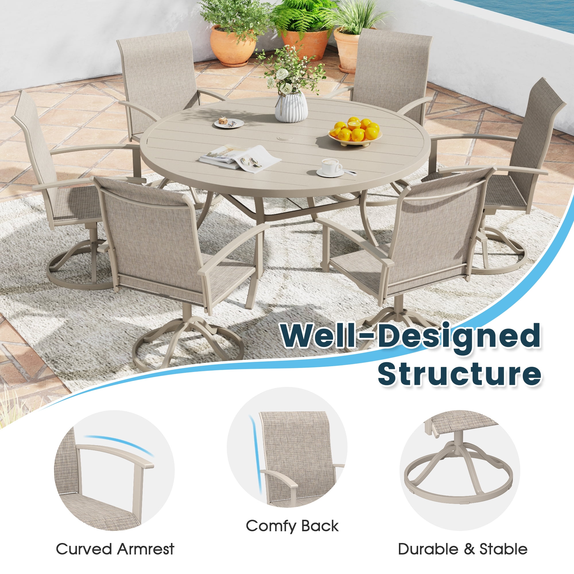 DIFY 9PCS Patio Dining Furniture Set, 71" Rectangular Metal Table, 8 Swivel Textilene Chairs