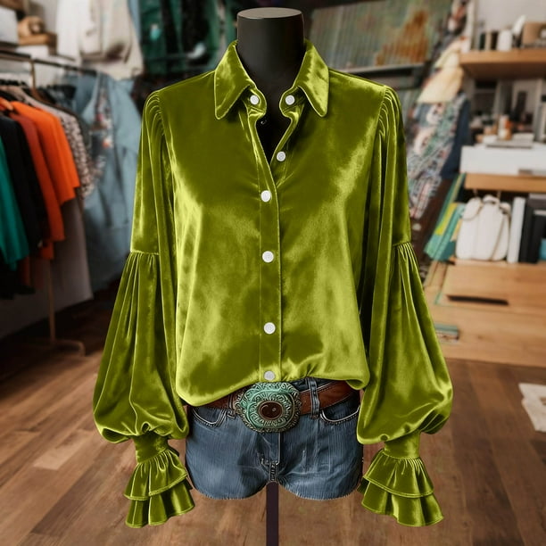 Ounisa Women's Velvet Tops Dressy Casual Long Sleeve Smocked Work Blouses Trendy Blusas Elegantes Button Down Shirts