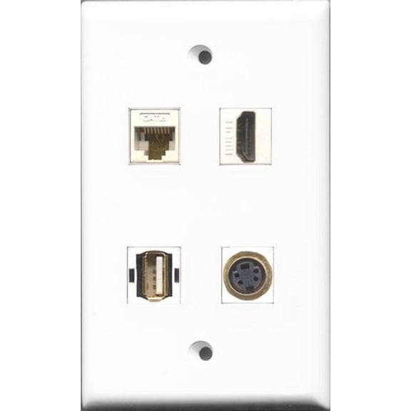 RiteAV 1 Port HDMI and 1 Port USB A-A and 1 Port S-Video and 1 Port Cat6 Ethernet White Wall Plate