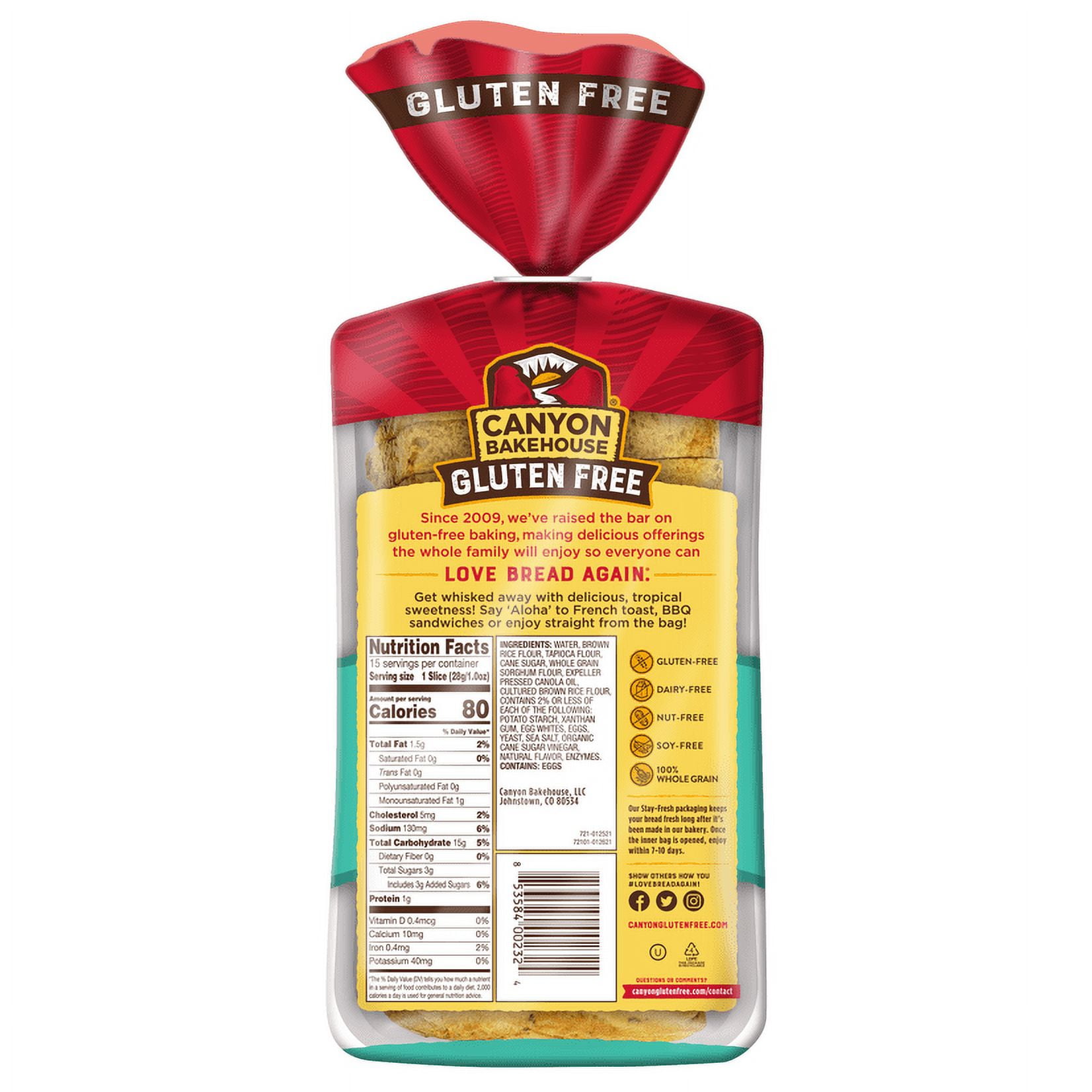 Canyon Bakehouse Hawaiian Sweet Gluten Free Bread, Fresh 15oz Loaf