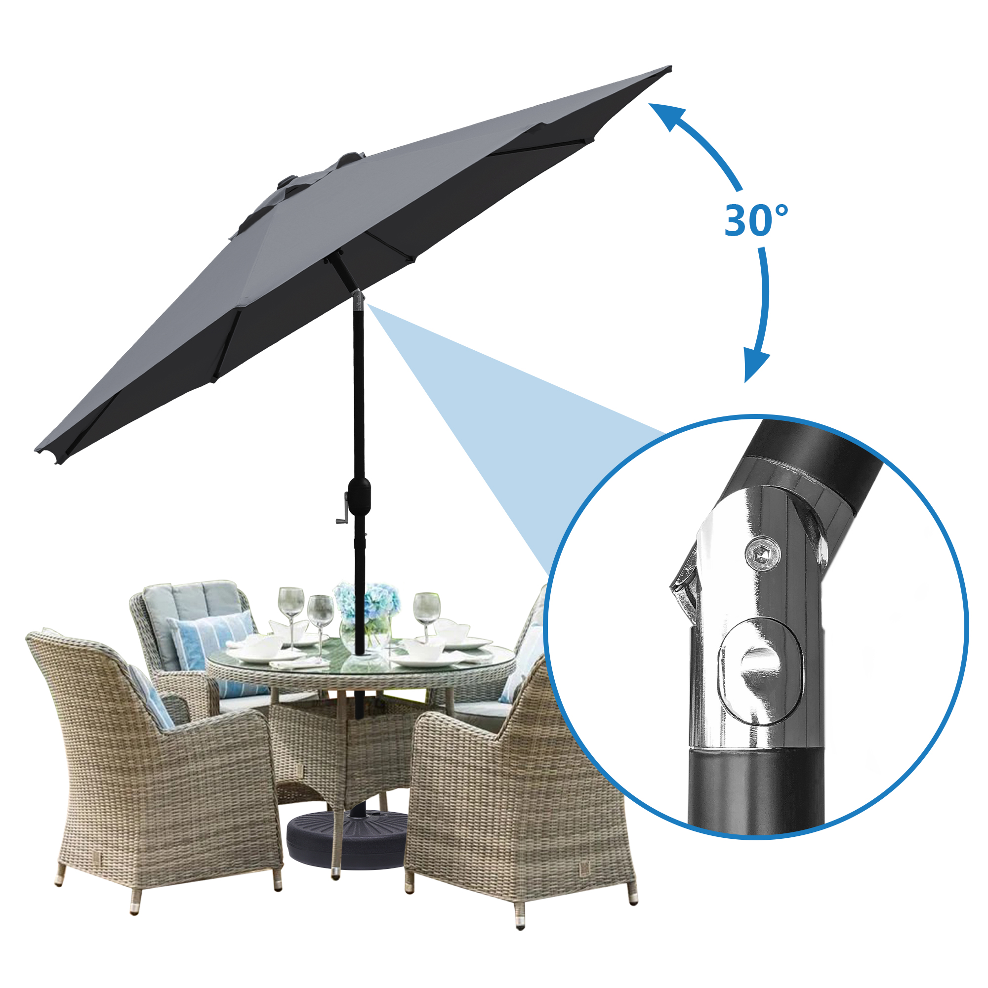 Abble Outdoor 9ft Patio Umbrella with Crank Handle and Push Button Tilt, Outdoor Market Umbrella with 8 Ribs for Garden, Deck, Backyard, Pool, Dark Gray