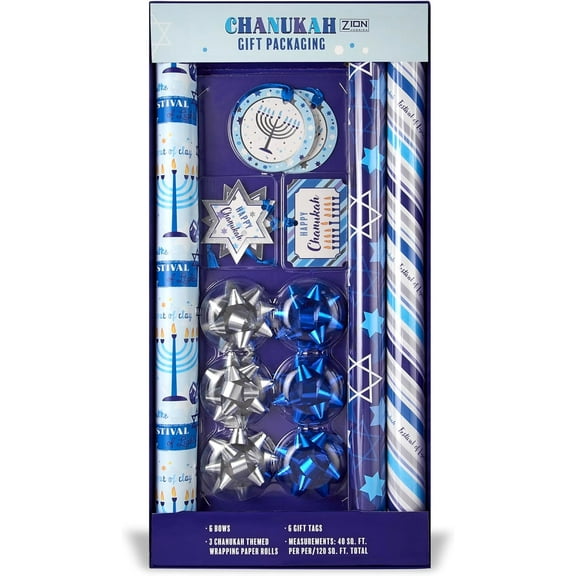Zion Judaica Hanukkah Gift Wrap Kit Chanukah Theme Gift Wrapping Paper With Gift Tags and Gift Bows Chaunukkah Holiday Gift Packaging