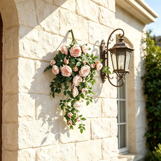 Flores colgantes de cesta de rosas artificiales para decoración tanto en exteriores como en interiores con enredaderas artificiales Arreglo floral de seda sin mantenimiento