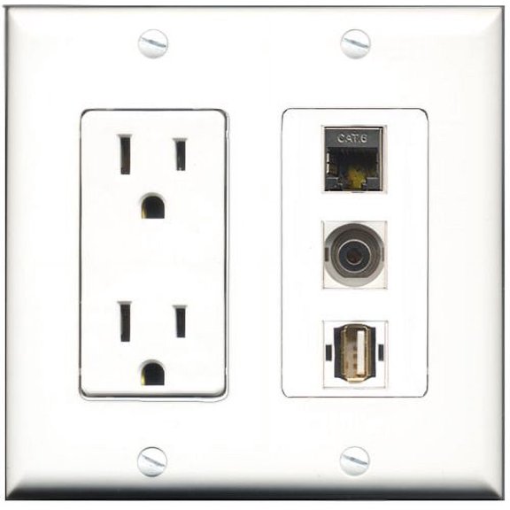 RiteAV - 15 Amp Power Outlet 1 Port USB A-A 1 Port Shielded Cat6 Ethernet Ethernet 1 Port 3.5mm Decorative Wall Plate