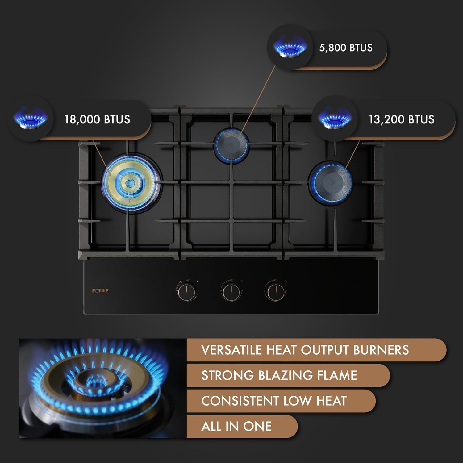 FOTILE Tri-Ring Series GLG30301 30 Inch Pro Gas Cooktop with 37K total BTU on 4 Burners