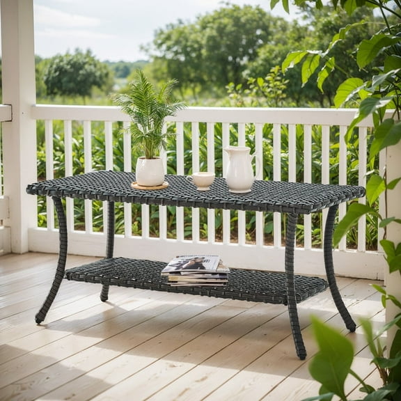 Gymojoy Outdoor PE Wicker Coffee Table - Rust-Resistant Steel Frame, All-Weather Patio Side Table with Storage for Poolside, Garden, Backyard, Deck, Brown