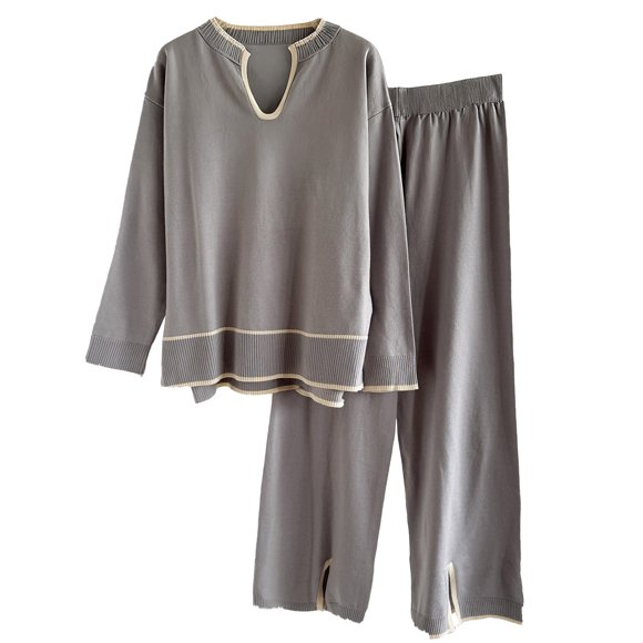 Fall/Winter Saving! HVOBTTY Two Piece Sweater Sets for Women, Women's Fall and Winter U-shaped Collar Long Sleeved Knitted Sweater Set with Split Wide Leg Pants Knitted Two-piece Set Gray, Free Size
