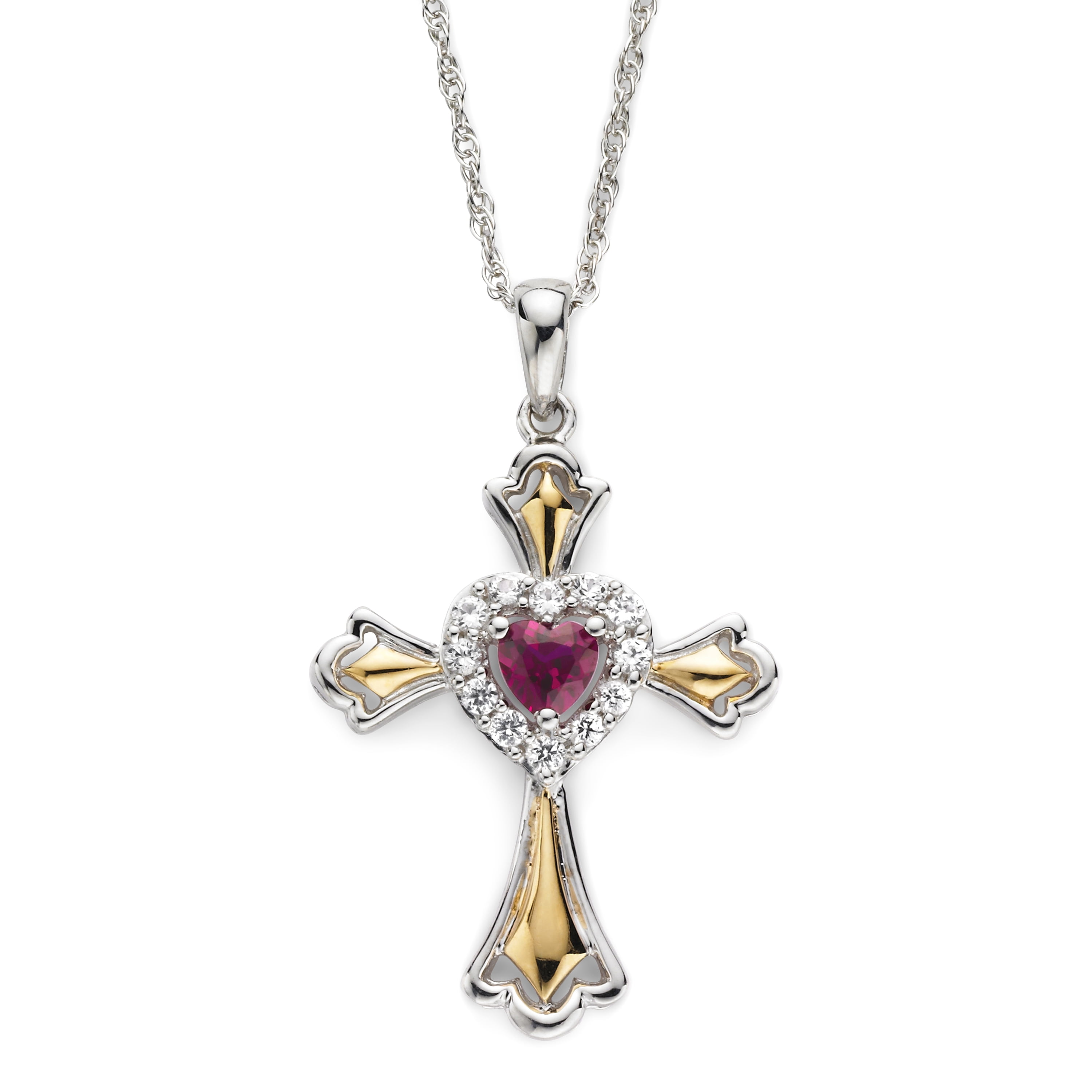 Brilliance 925 Sterling Silver with 14KY Gold Plated Created Ruby and Created White Sapphire Cross Pendant with 18" Chain