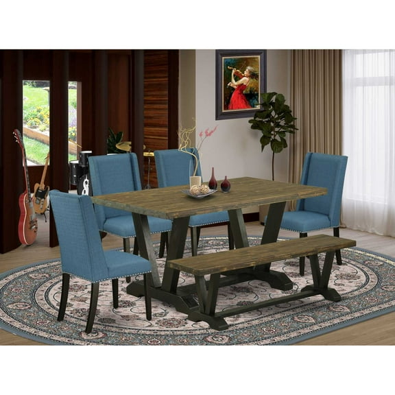 East West Furniture V676FL121-6 6-Piece Amazing Dining Room Set a Superb Distressed Jacobean Rectangular Dining Table Top and Distressed Jacobean Small Bench and 4 Awesome Linen Fabric Dining Room...