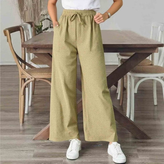 Roncen Women's Striped Straight Leg Pants - Mid-Rise Casual Fit Trousers with Drawstring Waist & Pockets