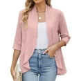 thumbnail image 2 of idosla Women Cardigan 3/4 Sleeves Open Front Lightweight Soft Netted Knit Draped Ruffles Cardigan Kimono Cover Ups (Pink, XL), 2 of 9