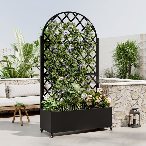 Round Metal Planter Box with Trellis, 73 Inch Raised Garden Bed with Drainage Holes & Lockable Wheels, Outdoor Plant Container with Privacy Screen for Climbing Plants