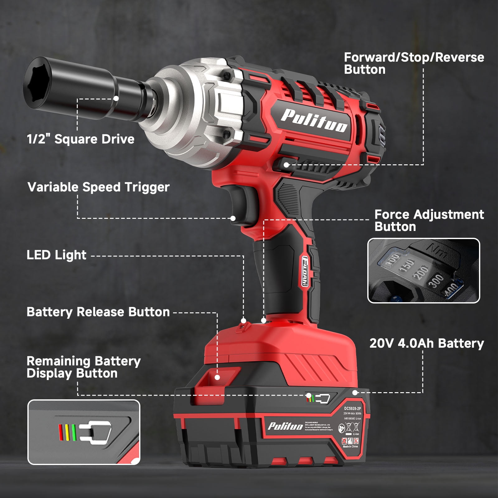 20V Cordless Impact Wrench 1/2", 400N.m High Torque, 2300 RPM, 3.0Ah Battery & Fast Charger, 4 Sockets, LED Light, 5 Modes – Electric Impact Gun for Truck Tires(Red)