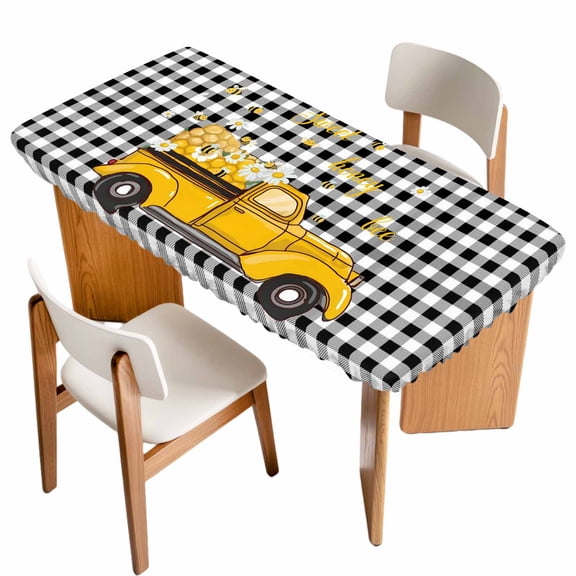 Yellow Truck Table Cloths for 6 Foot Rectangle Tables, Farmhouse Bee Daisy Black White Buffalo Plaid Patio Waterproof Elastic Fitted Tablecloths, Washable Rectangular Table Cover for Camping