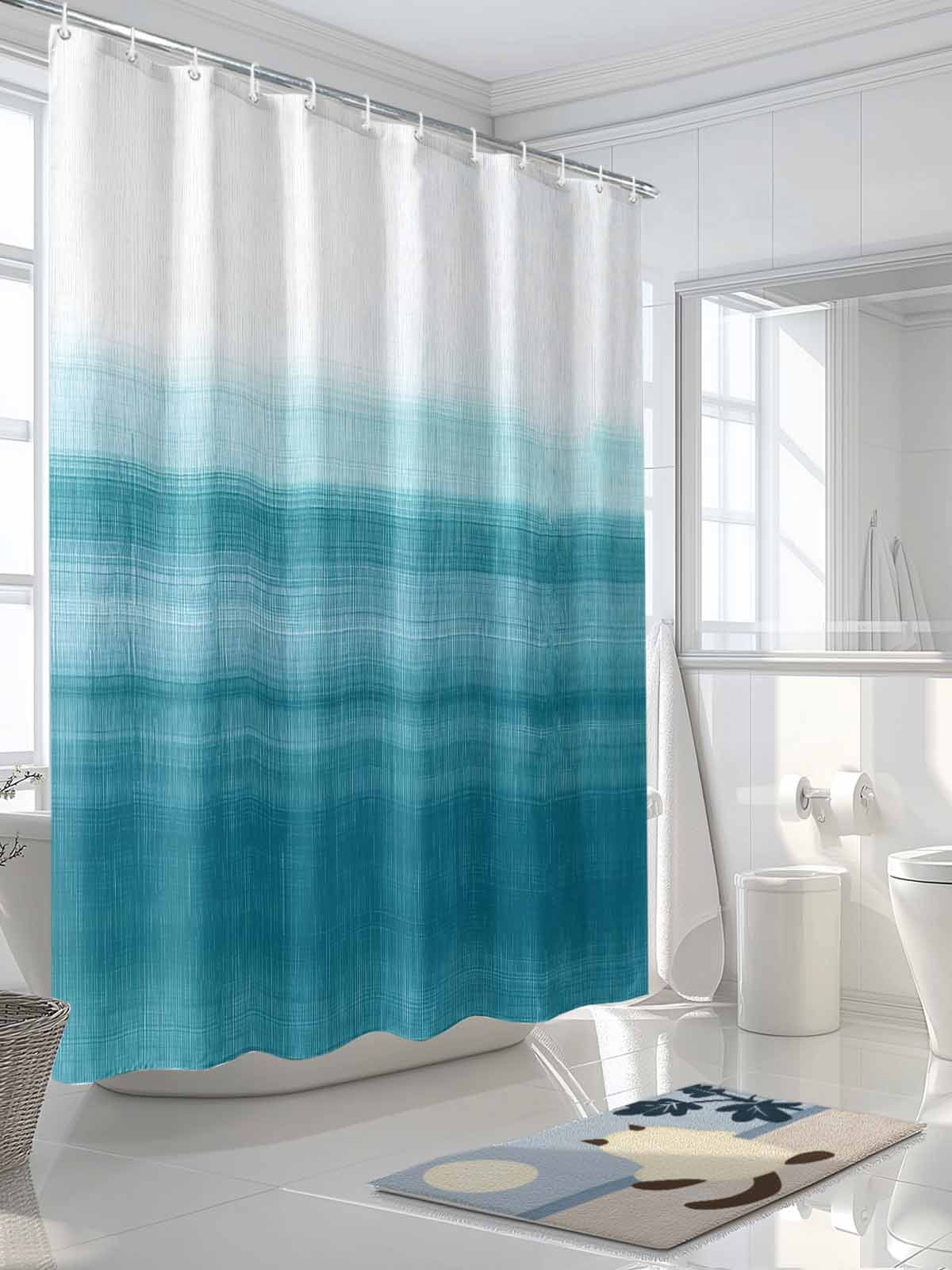Teal White Shower Curtain, Abstract Brush Stroke Bathroom Decor Curtains Set with Hooks, Waterproof Fabric Home Accessories， Stall 36 X 78 Inch
