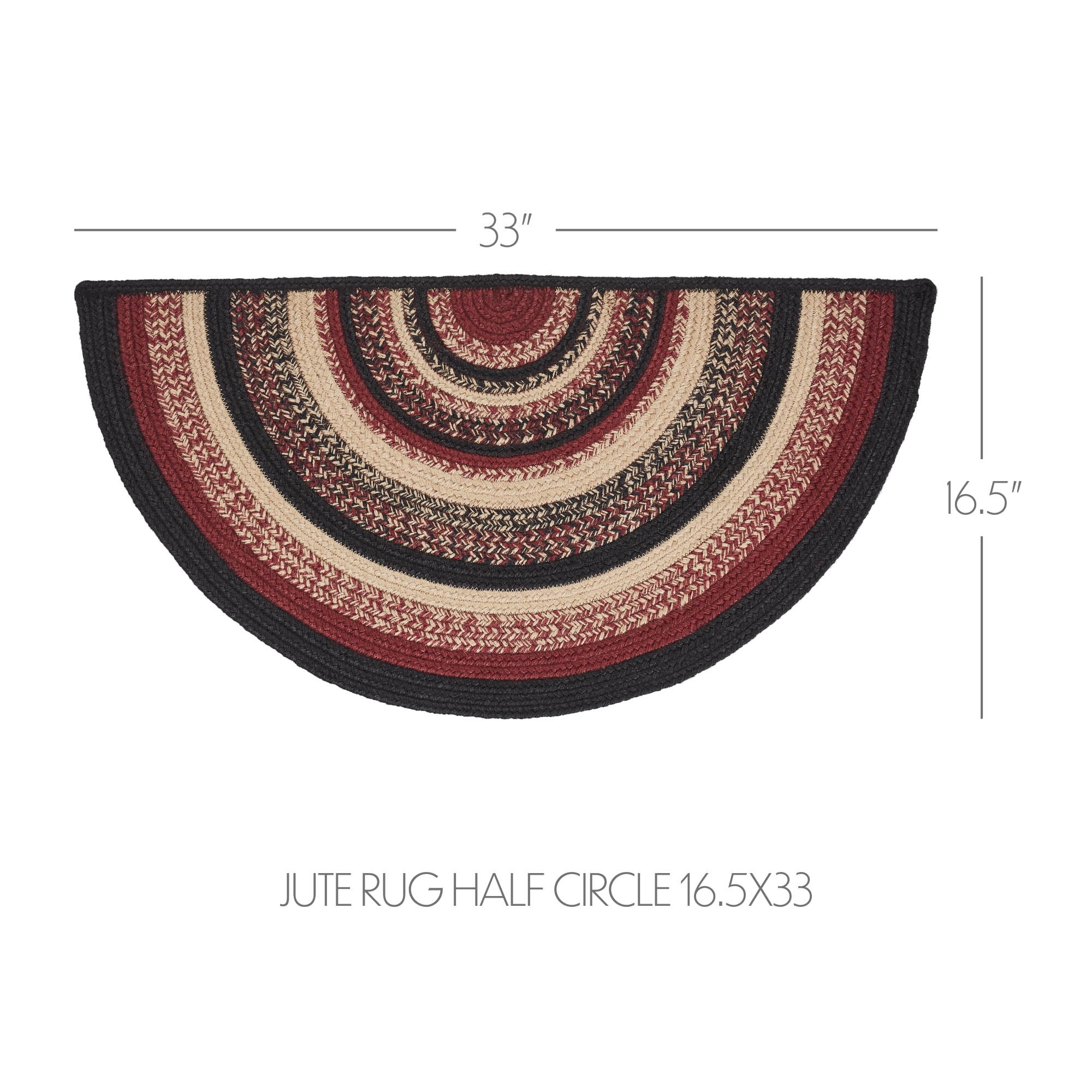 VHC Brands Jute Rug Half Circle 16.5x33 w/Pad, Jute Area Rug, Accent Rug, Floor Decor, Braided, Connell Collection, Half Circle 16.5x33, Country Black