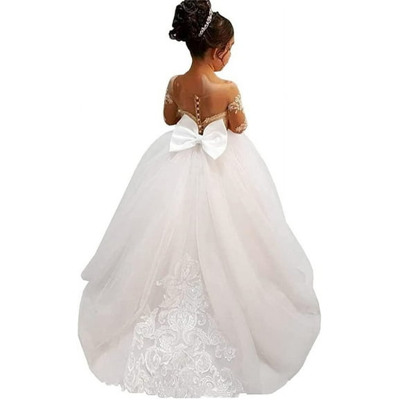 Lace Embroidery Sheer Long Sleeves Kids Trailing Gowns