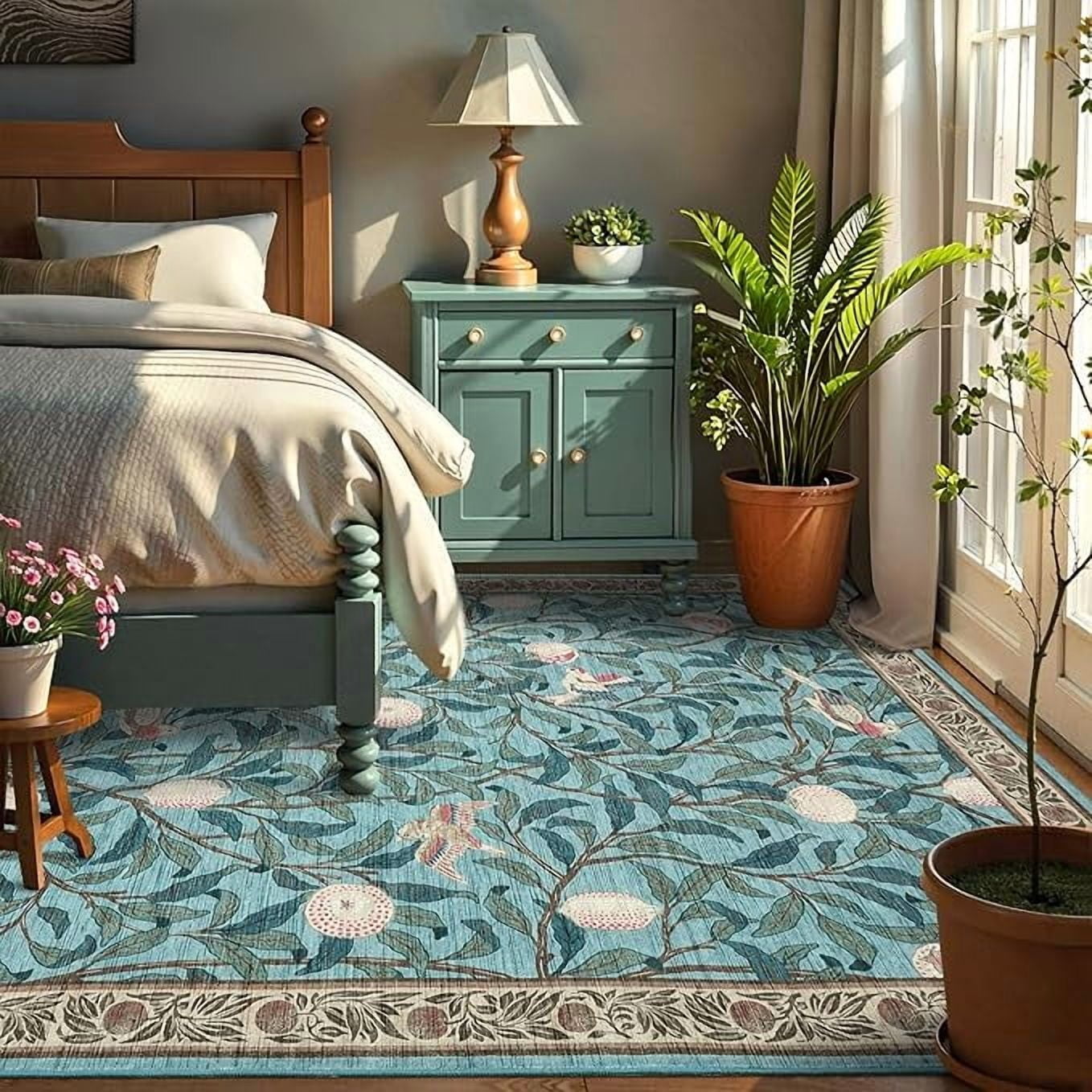 9x12 Botanical Print Washable Rugs Ultra Thin Non Slip Large Area Rug for Bedroom Living Room Ultra Thin Lightweight Cute Throw Carpet for Dining Room Table Classroom Playroom, Light blue