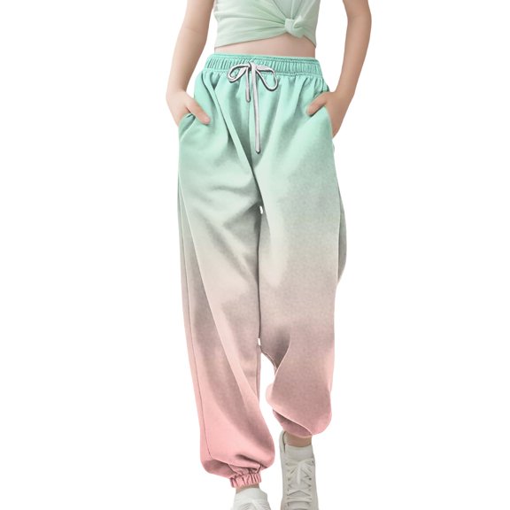 CPNG Girls Drawstring Sweatpants Gradient Color Loose Straight Wide Leg Sweat Pants Elastic High Waist Baggy Joggers