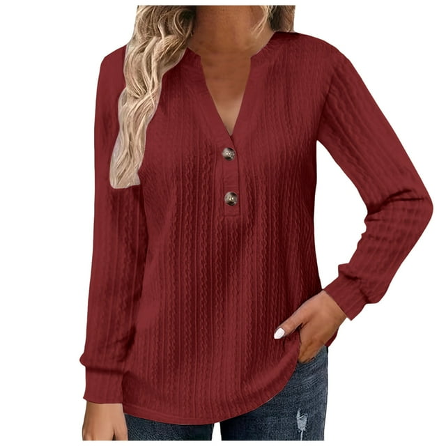 TSADFHJI T-Shirts pour Femmes Longs Amples Unis Col en V Décontracté Haut TTG Rouge