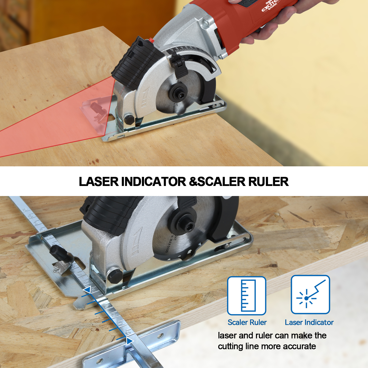 EXCITED WORK, 4.5Amps 3-3/8 in Electric Circular Laser Guided Power Saw, 6500 RPM