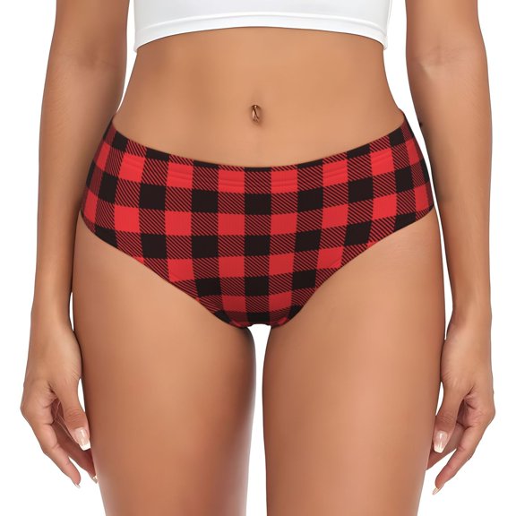 Womens Underwear - black red buffalo plaid Checkered No Show Seamless Underwear for Women, Stretch Women's Panties, Hipster Soft Comfort Ladies Panties Bikini Underwear Briefs