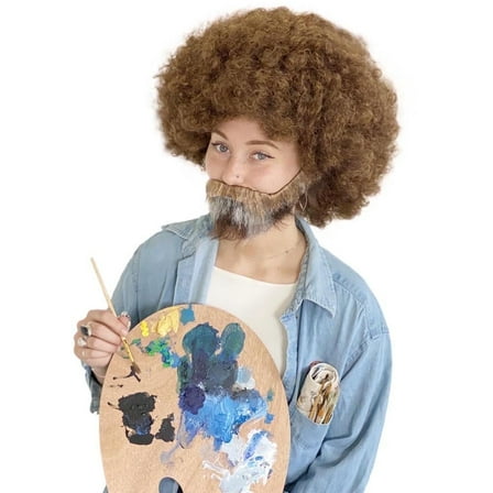 HPO Adult Men 80s Painter Wig Set, Curly Bob Wig with Beard, Mustache, Brush & Palette for Halloween