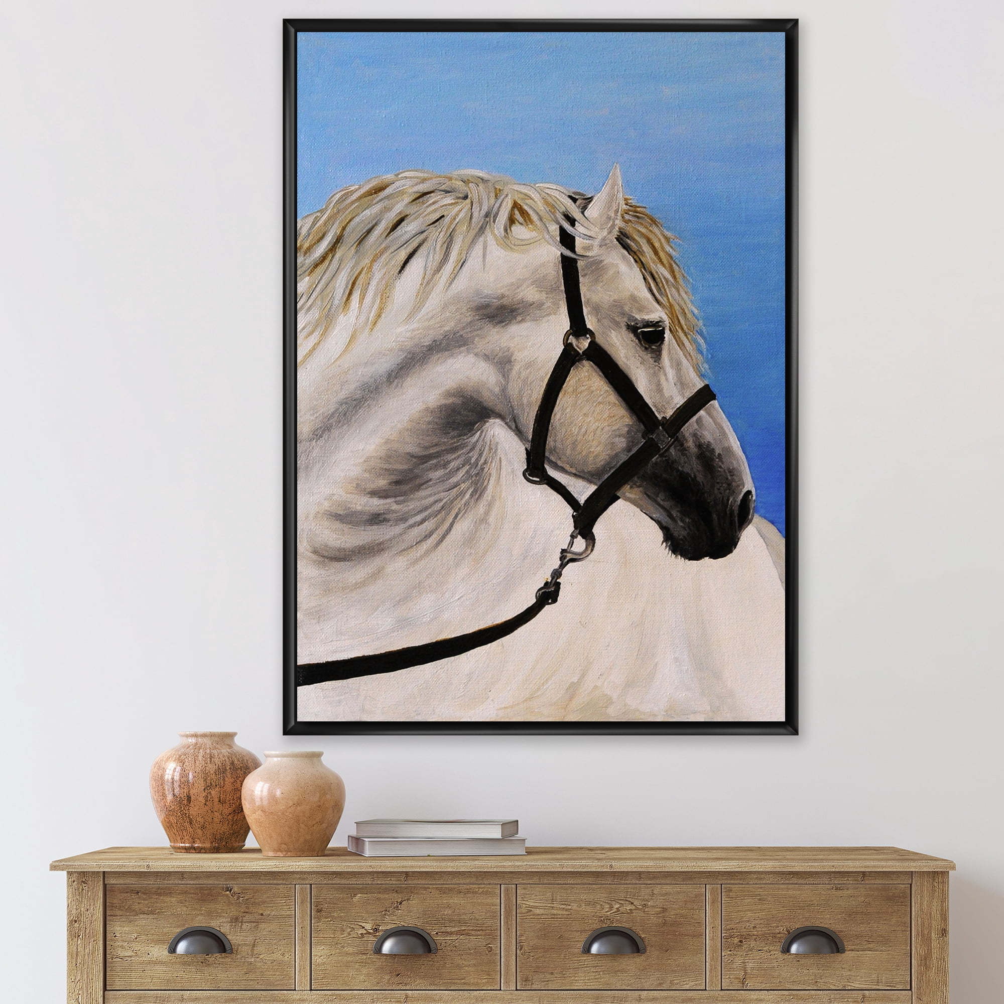 Designart 'Close Up Of White Horse In The Furrow' Farmhouse Framed Canvas Wall Art Print
