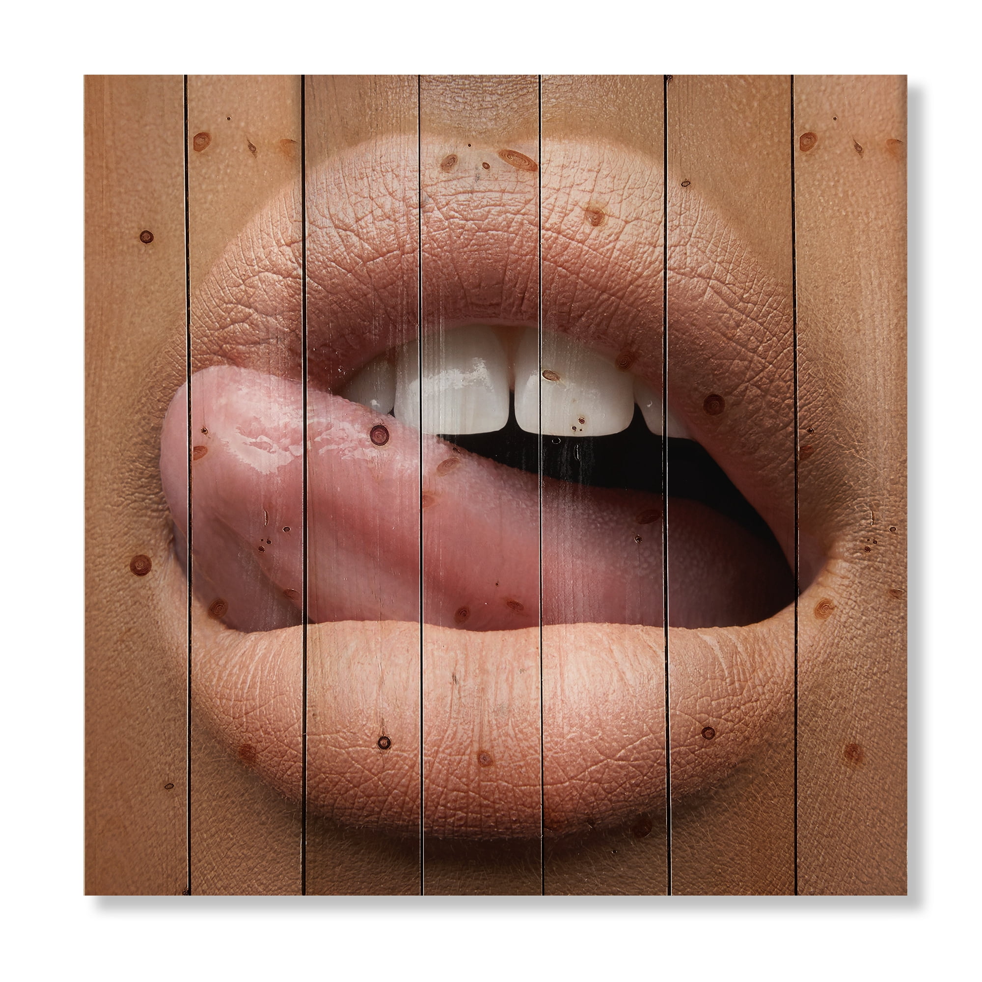 Designart 'Beautiful Dark Skinned Female Tongue Touching Lips' Modern Print on Natural Pine Wood