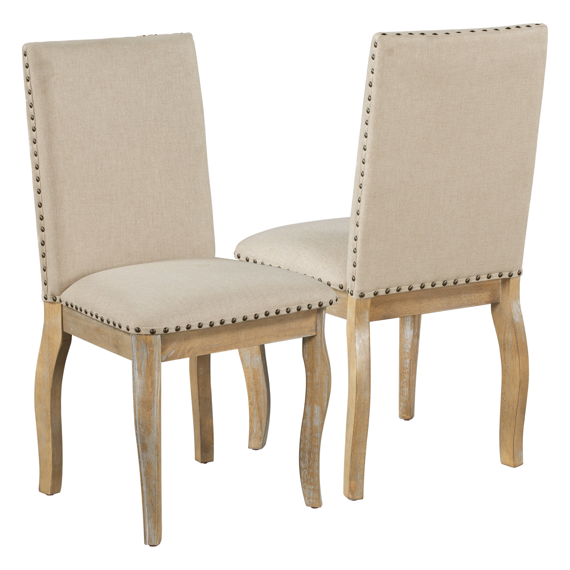 PORKISS Set of 2 Dining Chairs, High Back Upholstered Kitchen Chairs with Solid Wood Frame, Curved Legs and Bronze Nailhead Trim, Natural Finish with White Fabric