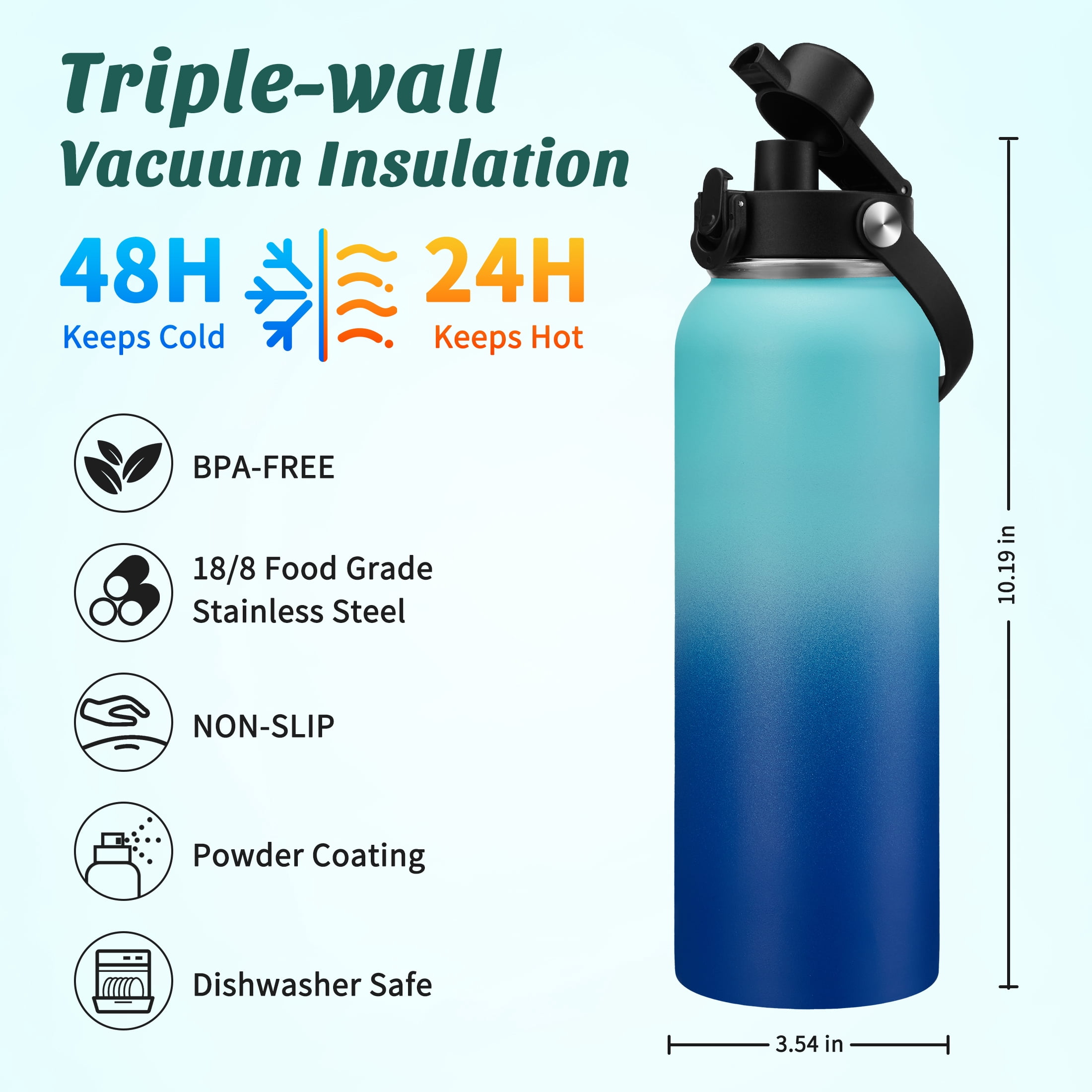 40 oz Insulated Water Bottle with Straw & Spout Lid, Stainless Steel Water Bottle for Men Women, Wide Mouth Water Flask - Keep Cold-48H Hot-24H, Leak Proof & BPA-Free, Protective Boot