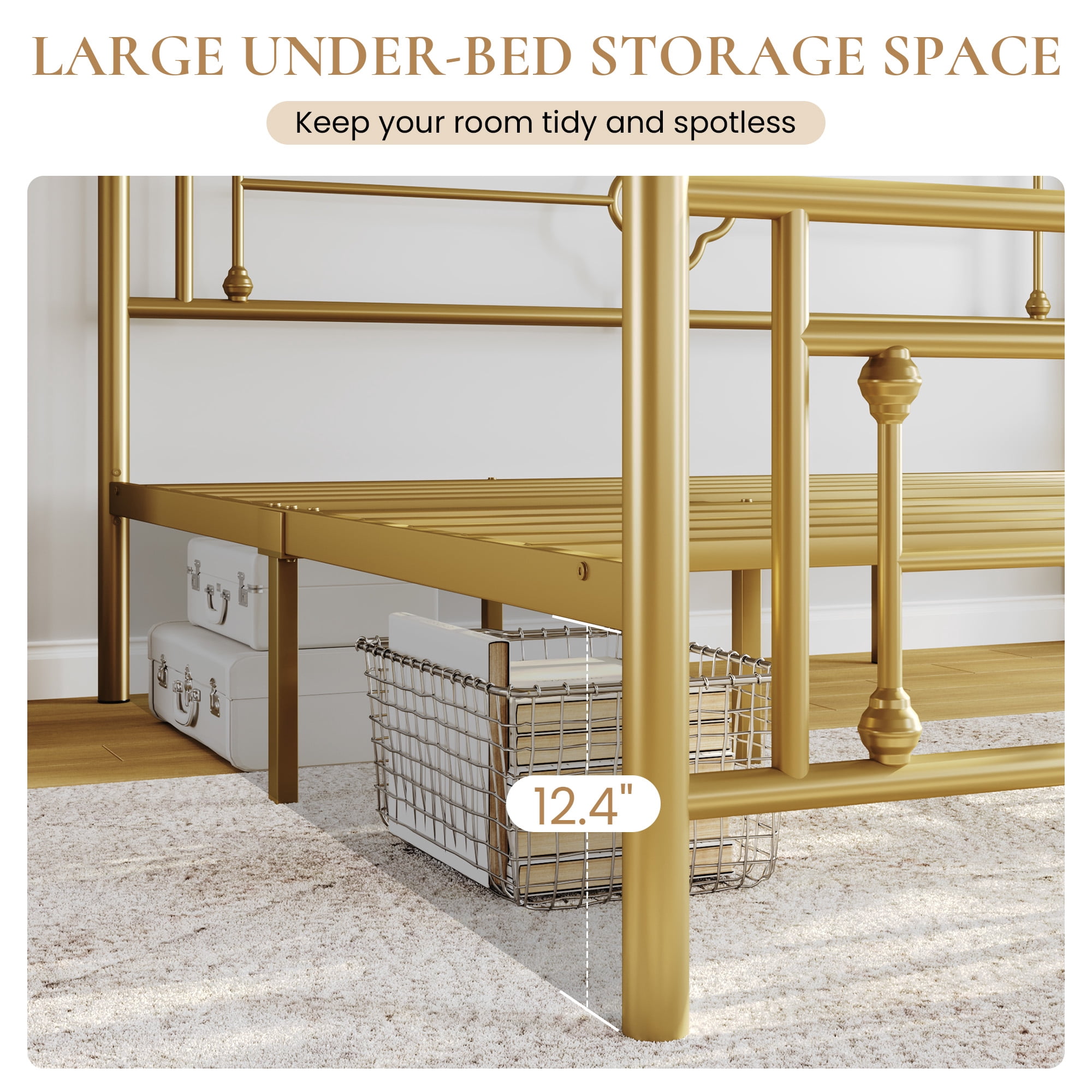 Sha Cerlin Gold Queen Size Metal Platform Bed Frame with Victorian Vintage Headboard