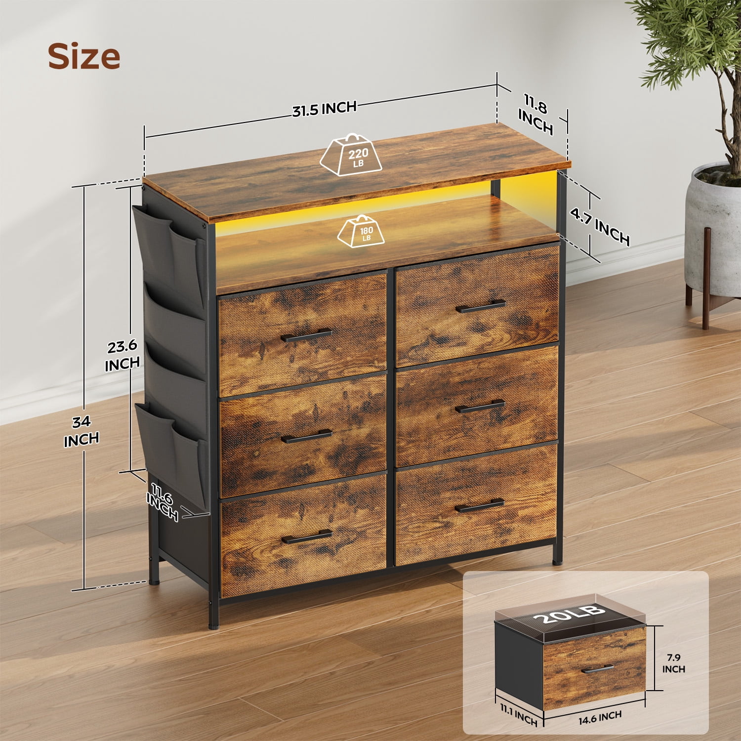 HLDIRECT Dresser for Bedroom with 6 Drawers, Fabric Chest of Drawers with Open Shelves & Side Storage Bags, Storage Cabinet with LED Lights for Living Room, Closet, Entryway, Gray