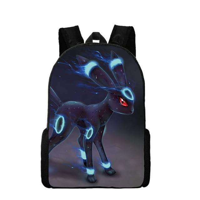 Pet Elf Pokemon Backpack by Vinsniv, featuring a vibrant cartoon design of a dark-colored creature with glowing blue accents and red eyes. The backpack has breathable back and shoulder straps for comfort and multiple compartments for organized storage. Suitable for children returning to school or traveling.