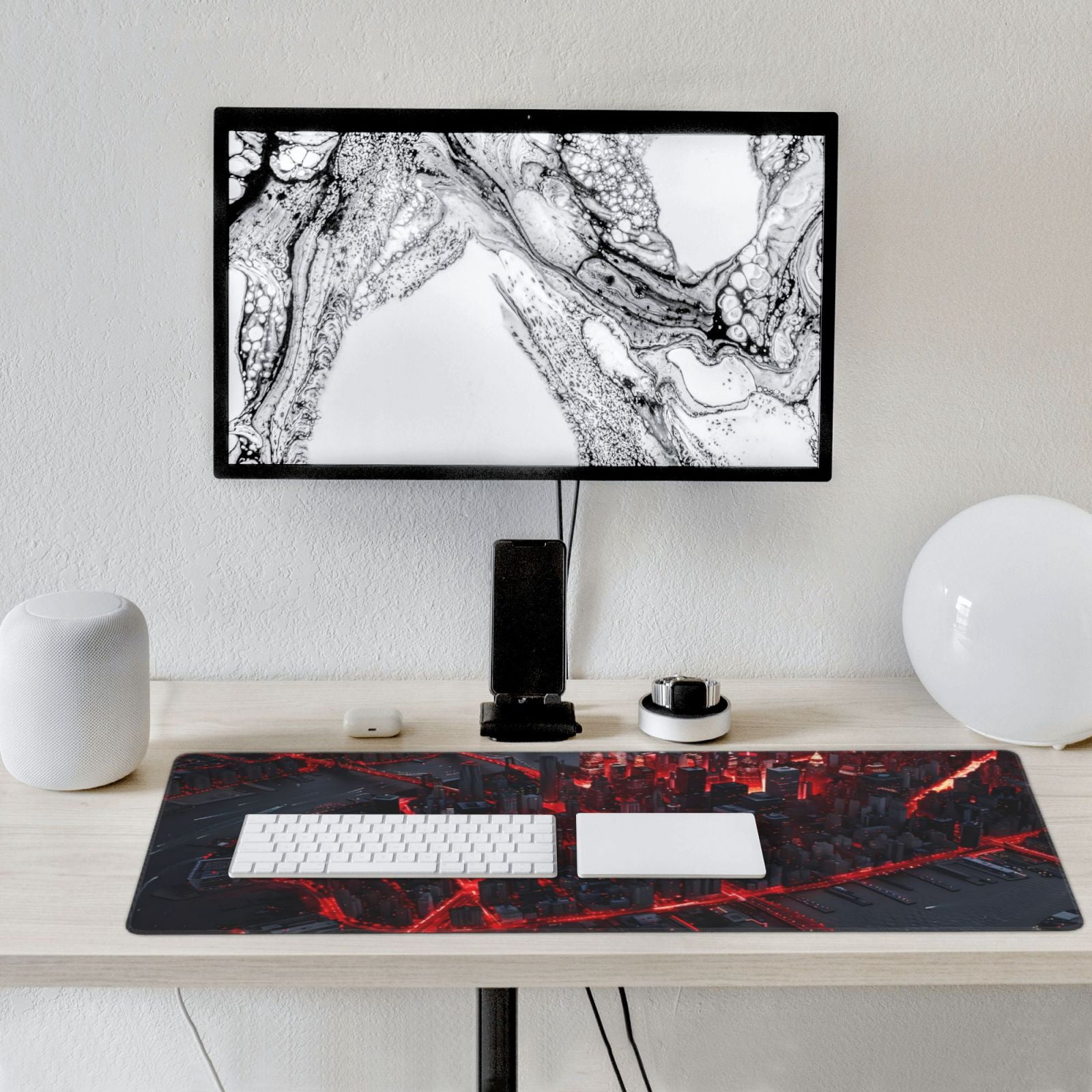 Hirioo Cyberpunk Cityscape Lights for Mouse Pad ,Anti-Slip Base, Durable Stitched Edges, Perfect for Gaming, Office, and Home Use,16x35.5in