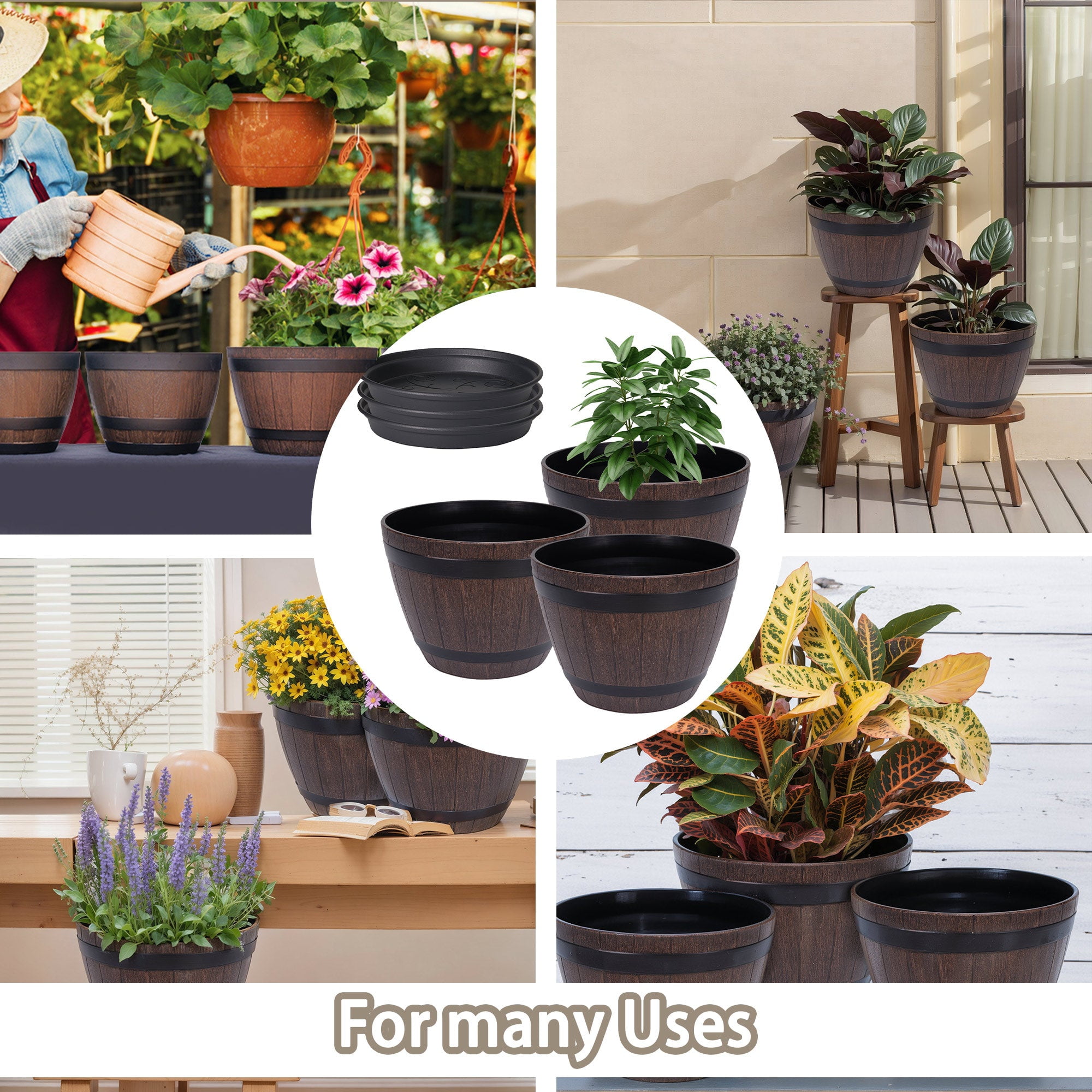 VECELO 3 Pack 13 inch Plant Pots, Whiskey Barrel Planters with Drainage Holes & Saucer, Plastic Imitation Wine Barrel Decoration Flower Pots, for Indoor & Outdoor Garden Home Plants, Brown